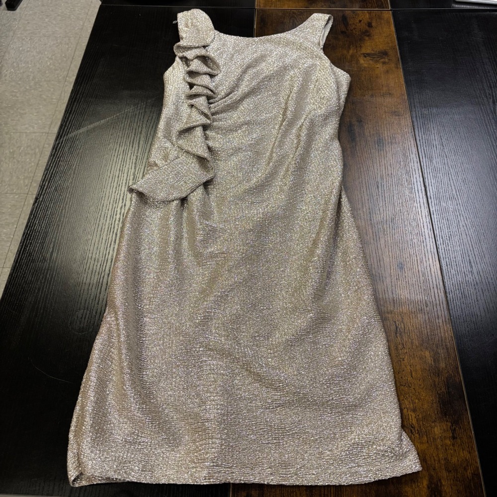 Simply Liliana Women Gold Metallic Ruffle Sheath Cocktail Dress Size 8 Champagne